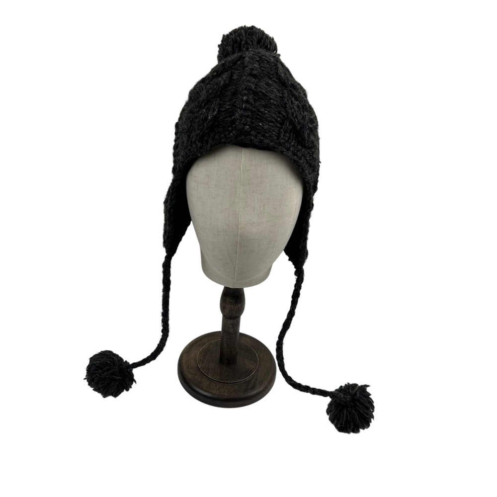 One Of A Kind Nepal 100% Wool Cable Knit Trapper Hat Beanie Gray Pom Pom Large